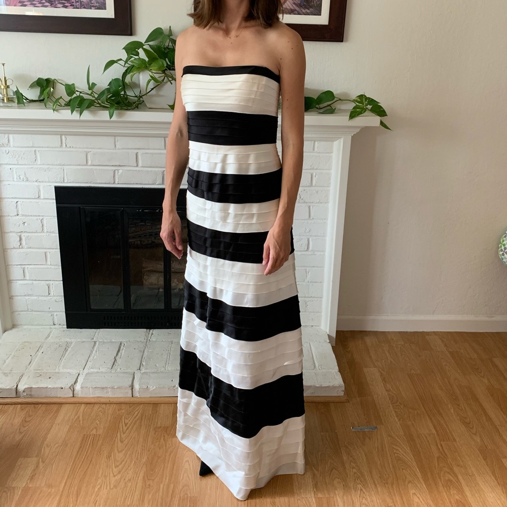 Black and white striped strapless BCBG gown